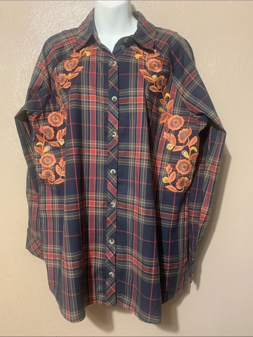 Tolani Collection size L Plaid Shirt with Orange & Yellow Embroidery NWT